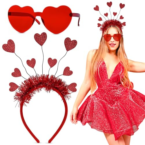 ENAIAH Herzherzige Haarreifen Herz Randlose Sonnenbrille Herz Stirnband Glitzer Randlose Herz Brille Herz Bopper Stirnband Party Brille für Karneval Valentinstag Hochzeit JGA Fasching
