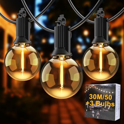 Eamplest Led Lichterkette Außen, 30M Outdoor Lichterkette Innen, 2700K Warmweiß IP65 Wasserdicht Lichterketten Glühbirnen G40 für Garten, Terrasse, Hochzeiten, Partys(100FT)