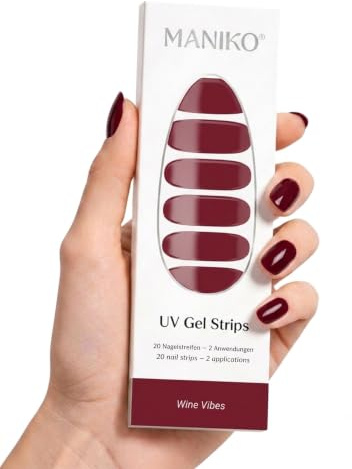 Maniko UV Gel Strips Wine Wibes Rot – 20 UV Nagelsticker, 2 Anwendungen | UV Nagellack zum Kleben, selbstklebende Nagelfolie für natürliche Nägel, vegan & langanhaltend – Geschenk zu Geburtstag