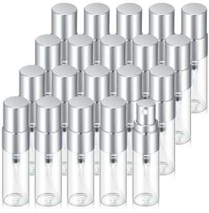 Jxcmeng Leere Sprühflasche aus klarem Glas, nachfüllbar, Mini-Parfümzerstäuber, Reiseprobenflasche mit silberfarbener aluminisierter Düse, Make-up-Behälter für Parfüm, 20 Stück (3 ml Silberkappen)