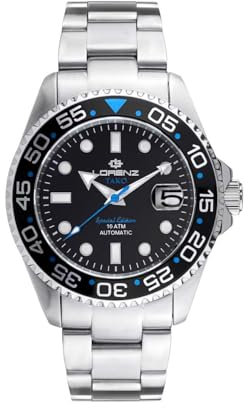 Lorenz Tako Special Edition 030254EE Herrenuhr Armbanduhr Herren Automatik Edelstahl Sub 100 Meter, Schwarz, Modern