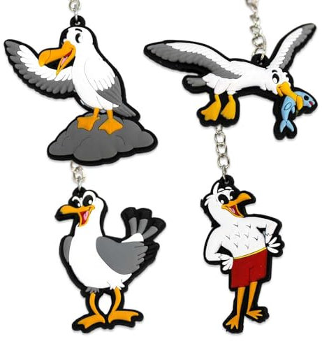 PMS Lot de 4 porte-clés mouette - 4 motifs mignons - En caoutchouc - Sur chaîne - Environ 6 cm, multicolore, 6 cm