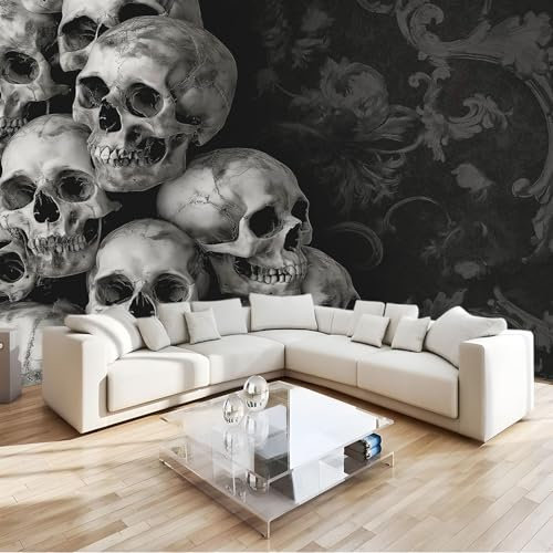 Tapete 3D Fototapete Totenkopf Grau Und Schwarz Gothic 350x256 cm Vliestapete Wandtapete Wandbilder 3D Druck Foto Tapeten für Wohnzimmer Schlafzimmer Vlies Tapete Motivtapeten