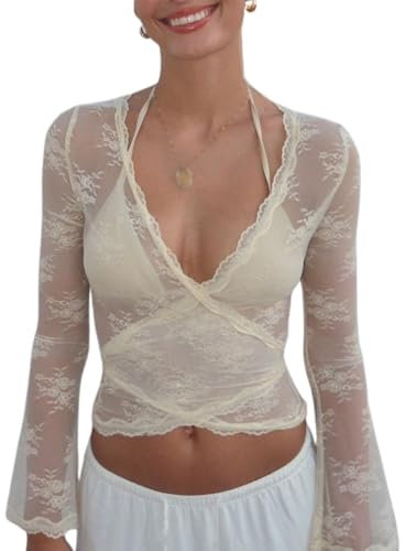 Nicoxijia Women's Y2K Long Sleeve Sheer Mesh Top Deep V Neck Embroidery Floral Lace Top Sexy See Through Going Out Crop Tops (White, L)