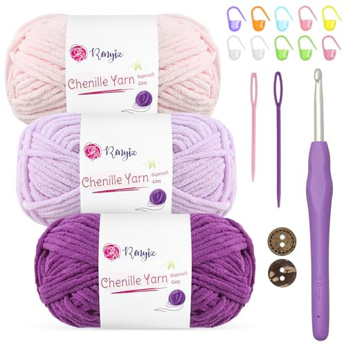 Renyiz Chenille Yarn Chunky Yarn for Crochet Fluffy Yarn Baby Blanket Yarn 3x50g Soft Fluffy Wool with 5mm Crochet Hook Amigurumi Crochet Yarn for Beginners (Purple-3)