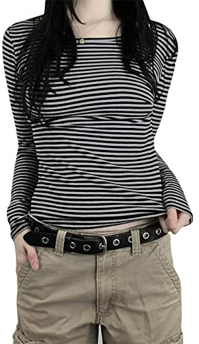 Women's Fall Long Sleeve Striped Tops Crew Neck Patchwork Shirt Streetwear | Color block casual loose basic tee blouses
