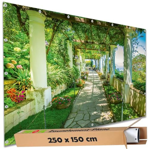 TRIOSK Sichtschutz Garten Deko Zaun Plane Blickdicht groß mit Zaunblende Motiv Pergolaweg Capri Insel Italien für Balkon Terrasse Zaunelement Doppelstabmatten Gartenzaun PVC 250x150 cm