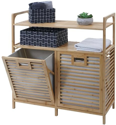 Mendler Bambus Badezimmerschrank HWC-N83, Wäschesammler Regal Badschrank, 2 Wäschekörbe 2 Regalböden FSC®-Zertifiziert 88x81x33cm