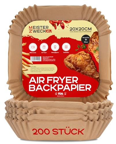MEISTERZWECK4U Airfryer Backpapier 200 Stück 20x20cm, 100% reines Zellstoffpapier, wasserfest & ölfest, Backpapier für Heißluftfritteuse, Backofen & mehr, hitzebeständig bis 220°C, Zubehör air fryer