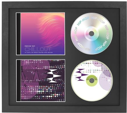 FramePro Cornice per CD doppia, 36,1 x 32,5 cm, porta dischi autografati con vero vetro, decorazione musicale da appendere alla parete, nero opaco