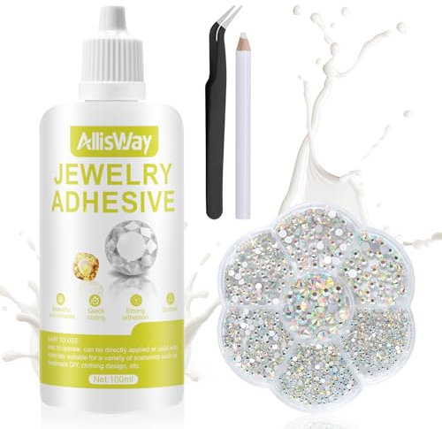 AllisWay Colla per Gioielli, Colla per Strass Su Tessuti, colla per Bigiotteria 100ml, Include Pinzette, Strass, Trasparente Dopo L'asciugatura, Resistente e Resistente