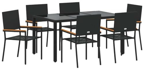 vidaXL Garten Essgruppe 7 pcs Schwarz Poly-Rattan, Stylisches Essset für draußen, rechteckige Gartenmöbel, moderner Polyrattan-Tisch, Stabiler Stahlrahmen, Akazienarmlehnen