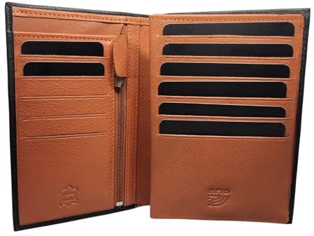 Frédéric Johns Portefeuille Cuir - Portefeuille Carte Grise - Portefeuille permis de Conduire - Portefeuille RFID - Format 3 Volets - Design français - modèle Tower (Noir) (Noir/Orange)