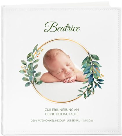 Maverton Fotoalbum zum Einstecken 10x15 cm, Einsteckalbum mit Aufdruck | Für 500 Fotos, 33x33cm, Weiß, personalisierte Geschenke für Baby zur Taufe Geburt, Geburtstagsgeschenk