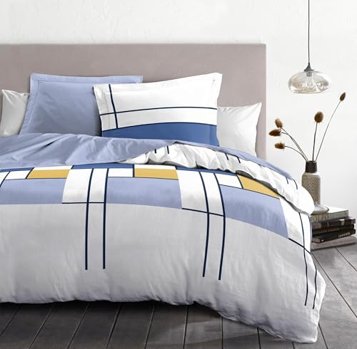 Duvet Cover Set 200 x 200 cm – 3 Pieces – Soft Cotton Percale – Duvet Cover + Pillowcases – White & Indigo Blue – The Intriguant Model