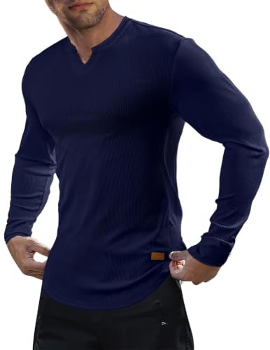 JMIERR Mens Long Sleeve T Shirt Muscle V-Neck Gym Tee Shirts | Slim fit,Longline Ribbed,Casual Smart,Tops for men uk,Basic,Fall & Winter,Lightweight