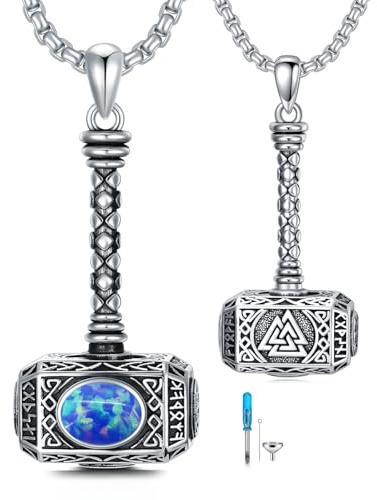 ROMANTICWORK Thorshammer Halskette, 925er Sterlingsilber, blauer Opal Anhänger, Mjolnir Urnen Halsketten für Asche, Wikinger Einäscherungs schmuck für Männer, Frauen, Unisex