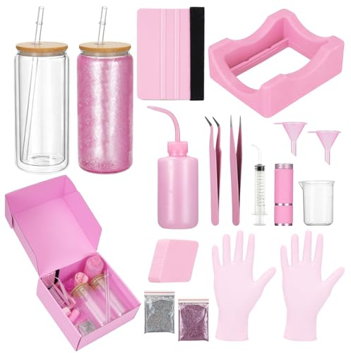 Foxtell 18 Pcs Snow Globe Tumbler DIY Kit 16 oz Pre Drilled Wall Double-Wall Snow Globe Cups with Lids Glitter Tools & Accessories Complete Craft Set for Making Custom Glitter Tumblers (Pink)
