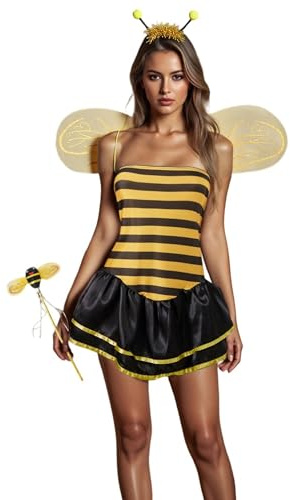 Springcmy Women Halloween Costume Cosplay Set Bee Tutu Dress with Mesh Wings Headband Leg Sleeves Party Fancy Dress Outfits (E Yellow, L)