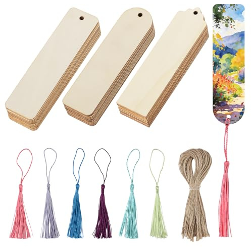 72 Stück lesezeichen basteln holz Blanko - Unfertiges Holzlesezeichens Set aus Holz mit bunte Quasten zum Basteln Beschriften für DIY Handwerk