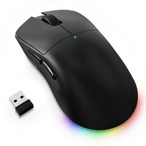 AJAZZ NJ08 Mouse Gaming Wireless Trimodo, 1000Hz 70g Leggero, PC Mouse Ergonomico Medio-Grande, 12800 DPI 6 Livelli, Bluetooth/2.4G/USB-C, RGB Ricaricabile per Laptop/Mac - Nero