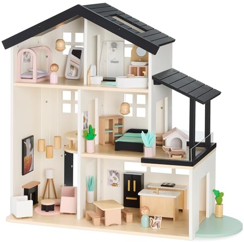 Best Choice Products Pretend Play Wooden Doll House with 40 Interactive Accessories, 3-Story Modern Toy Dollhouse Playset with 6 Rooms for Kids - White
