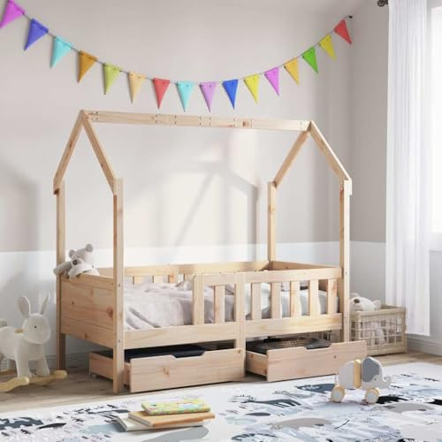 Hoopleep Kinderbett Hausbett aus massivem Kiefernholz, 80x160 cm, mit 2 Schubladen, Lattenrost, Rausfallschutz & offenem Dach, für Kinder ab 4 Jahren, Naturholz, Robustes Bettgestell mit Stauraum