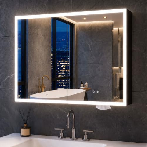 DeerValley LED Spiegelschrank Bad mit Antibeschlag und Steckdose 80x60 cm | Aluminium Badeschrank mit 3-farbig dimmbarem Licht, Speicherfunktion, verstellbare Regale, Papierspalt und Stauraum in Türen