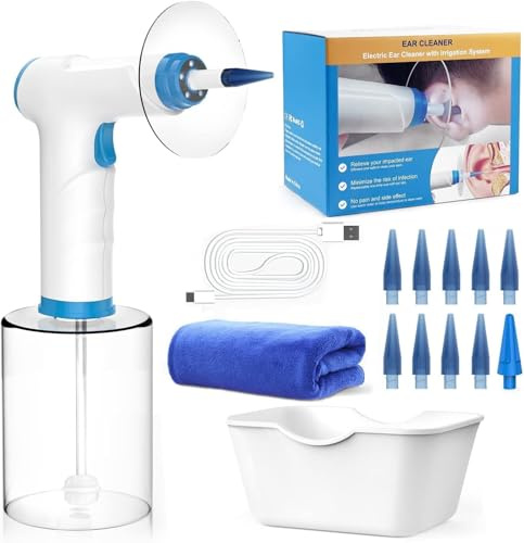 Ohrenschmalz Entferner, Elektrische Ohrenreinigungsset, 4 Reinigungsmodus Einstellungen, Wiederaufladbarer Ohrenreiniger, Sicherer Effektiver Ohrenreiniger (White+Blue, 9+1 Ohr Tipps)