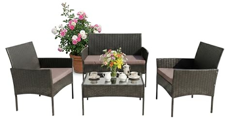Relaxdays Gartenmöbel Set, 4-TLG. Rattan Sitzgruppe, 4 Personen, Bank, Sessel & Glastisch, Loungemöbel, Outdoor, schwarz
