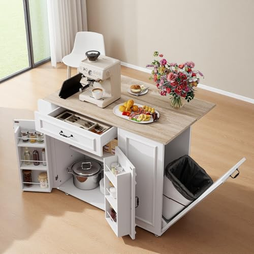 muenfly Kücheninsel mit Steckdose – Klappbare Arbeitsplatte ausziehbar zum Esstisch, Küchenwagen mit Schublade & Fächern, auf Rollen, 110x40(70) x90 cm, Weiß
