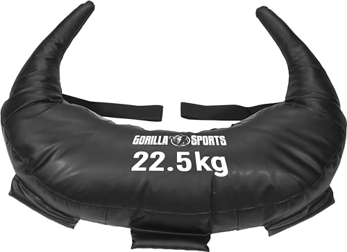 GORILLA SPORTS® Bulgarian Bag - 5kg, 8kg, 12kg, 17kg und 22,5kg, 5 Schlaufen, aus Kunstleder, Schwarz - Sandsack, Bulgarische Tasche, Power Bag, Sand Sack, Krafttraining, Fitness