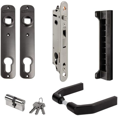 Gartentor Einsteckschloss Komplettset mit Schließblech Anschlag, Türdrücker, Blenden & PZ mit Schlüssel | Locinox Fortyset | Drehtoreschloss, Flügeltorschloss, Hoftorschloss Gartentürschloss