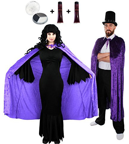 VAMPIR PAAR KOSTÜM VERKLEIDUNG =1 ZYLINDER HUT + 1 GOTHIC KLEID + 2 X VAMPIRE ZÄHNE + 2 X UMHÄNGE + 2 X MAKE UP + 2 X KUNST BLUT = HALLOWEEN FASCHING KARNEVAL= KLEID- XXXL + LILA UMHÄNGE