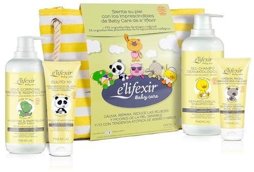 Elifexir Baby Care, Set de Regalo para Bebés o Recién Nacidos, Gel Champu Dermatológico (500 ml) + Leche Corporal Hidratante (400 ml) + Crema de Pañal (75 ml) + Crema Facial (50 ml) + Neceser
