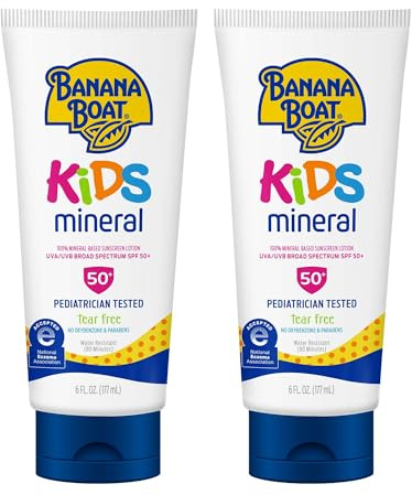 Banana Boat 100% Mineral Kids Sunscreen Lotion SPF 50, Twin Pack | Banana Boat Mineral Sunscreen for Kids, Childrens Sunblock SPF 50, Oxybenzone Free, 6Fl Oz each (Pack of 2)