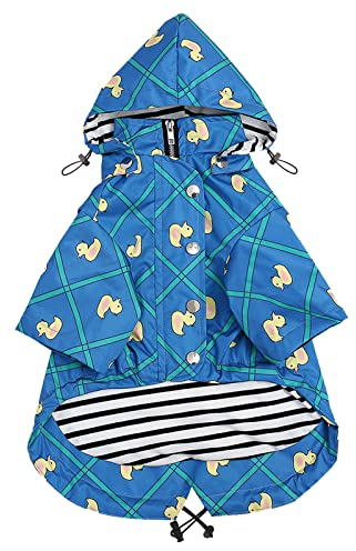MOREZI Hunderegenmantel, mit Reißverschluss und reflektierenden Knöpfen, Regen-/wasserdicht, Verstellbarer Schultergurt, abnehmbare Kapuze, hält den Hund sauber und ordentlich-Blau kariert-M