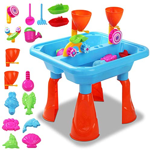 The Magic Toy Shop Sand and Water Table, 23-Piece Set, Blue – Includes Watering Can & Accessories, Two Compartments & Drainage – Kids Outdoor Play Equipment for Messy Sandpit Play for Boys & Girls