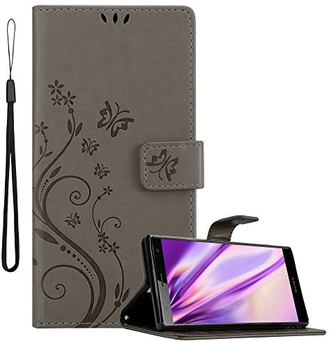 Cadorabo Hülle kompatibel mit Sony Xperia XZ2 Blumen Design aus Premium Kunst Leder Flip Klappbare Stoßfeste Magnetische [Standfunktion] [Kartenfächern] Cover Hülle für Sony Xperia XZ2 Tasche in Grau
