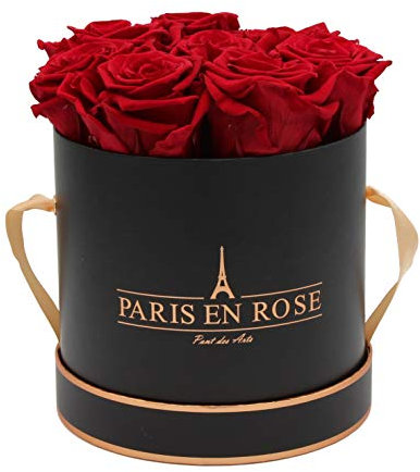 PARIS EN ROSE Rosenbox | mit 9 Bordeaux-roten Infinity Rosen Größe XL | konservierte ewige Rose | runde Schwarz-Roségold Box | 3 Jahre haltbar | Grußkarte