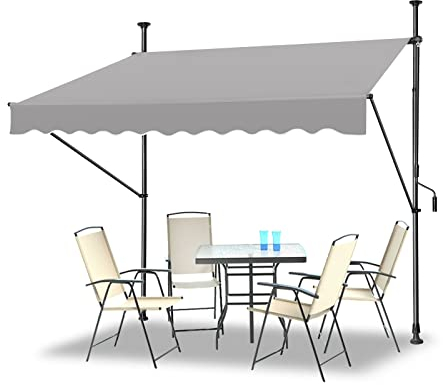 Klemmmarkise Balkon, Markise Einziehbar Manuell, Handkurbel, höhenverstellbar, UV-beständig, ohne Bohren, 100% Polyester (250x120cm, Grau)