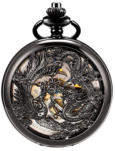 ManChDa Antike mechanische Taschenuhren für Herren Lucky Dragon Phoenix Taschenuhr mit Kette Schwarzes Skelett Zifferblatt römische Zahlen Geschenke zum Vatertag, 5. Schwarz, Blau, S, Mechanisch