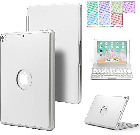 QYiD Custodia con Tastiera per iPad 2018 (6a Gen) - 2017 (5a Gen) - iPad PRO 9.7 - iPad Air 2 & 1, Wireless Custodia Tastiera con 7 Colori Retroilluminati, Rotazione a 180 Gradi, Argento