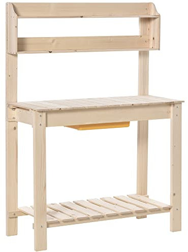 Outsunny Banco da Lavoro per Giardinaggio in Legno Naturale con Vaschetta Integrata, Mensole e Ganci 100x40x140cm