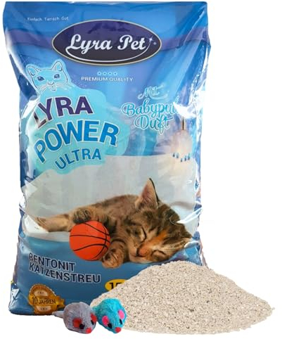Lyra Pet® | 15 Liter Lyra Power Ultra Excellent Katzenstreu + 2 Spielmäuse | Mit Babypuder Duft | Klumpstreu | 350% Saugkraft | Naturprodukt aus Bentonit | Saubere Wohnung | Neutralisiert Gerüche