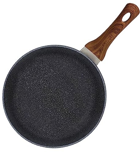 AEX Non-Stick Copper Frying Pan with Wooden Handles | Suitable for Induction, Electric and Gas Hobs | Stone Frying Pan | Anti-Scratch Pans (28 cm Without Lid)