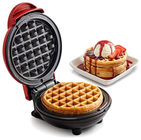 Elite Gourmet EWM015R Electric Nonstick 4.5-inch Mini Waffle Maker, Belgian Waffles, Compact Design, Hash Browns, Keto, Snacks, Sandwich, Eggs, Easy to Clean, Red