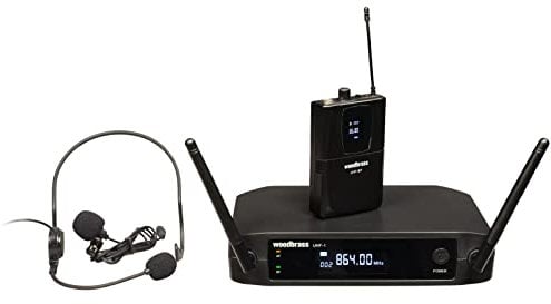 WOODBRASS Microphone sans Fil Système Micro Serre tête ou Micro Cravate UHF Léger, Pratique et Discret pour Fitness, Coach, DJ, Animation, Mariage, Conférence (UHF-1HL-F1 - Bande F1 : 863 MHz)
