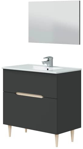 Miroytengo Mueble de Baño con Espejo y Lavabo Lotto Color Gris Antracita y Roble Claro 80x45x80 cm