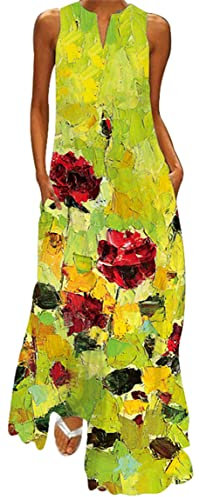 Ocean Plus Femmes Jupe Longue sans Manches Col V Robe Florale Imprimée Maxi Robe sans Manches avec Col en V (L, Peinture à l’Huile Rose)
